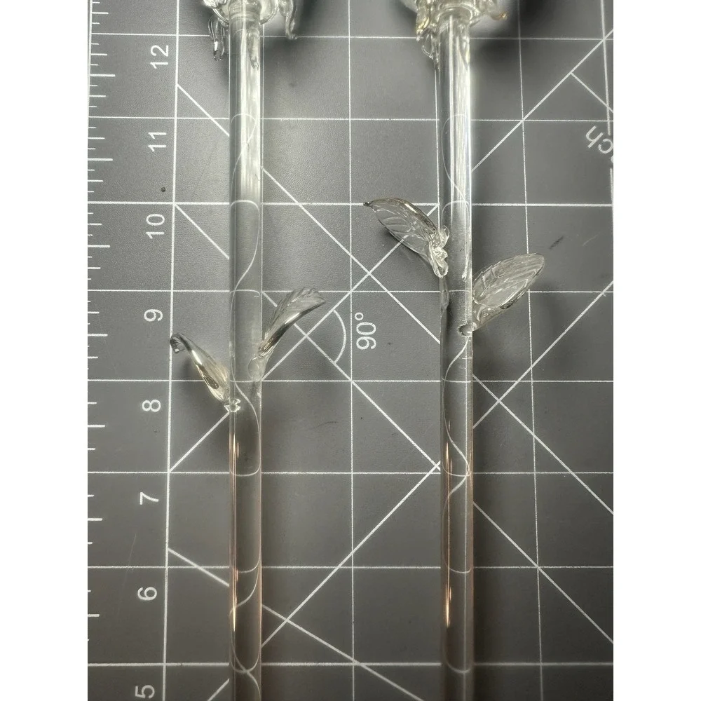 Set Of 4 Clear Glass Long Stem Roses Gold Silver Trim 14
